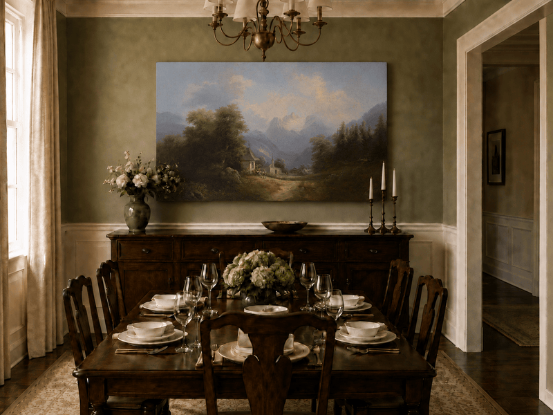 Landscape Oil Painting - Mountain Village Path Chapel & Distant