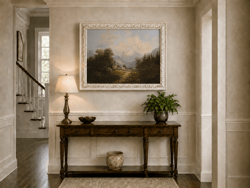 Landscape Oil Painting - Mountain Village Path Chapel & Distant