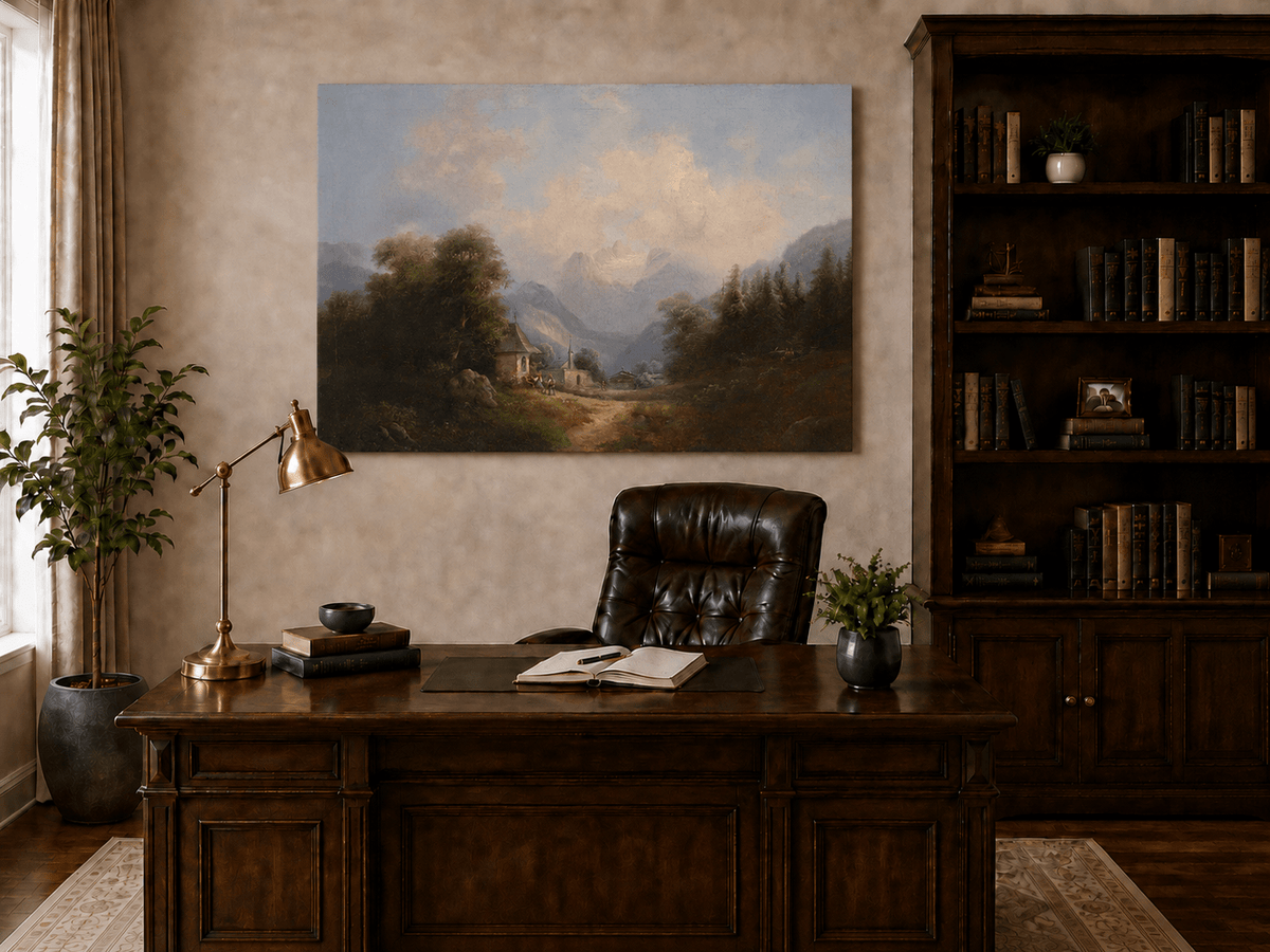 Landscape Oil Painting - Mountain Village Path Chapel & Distant
