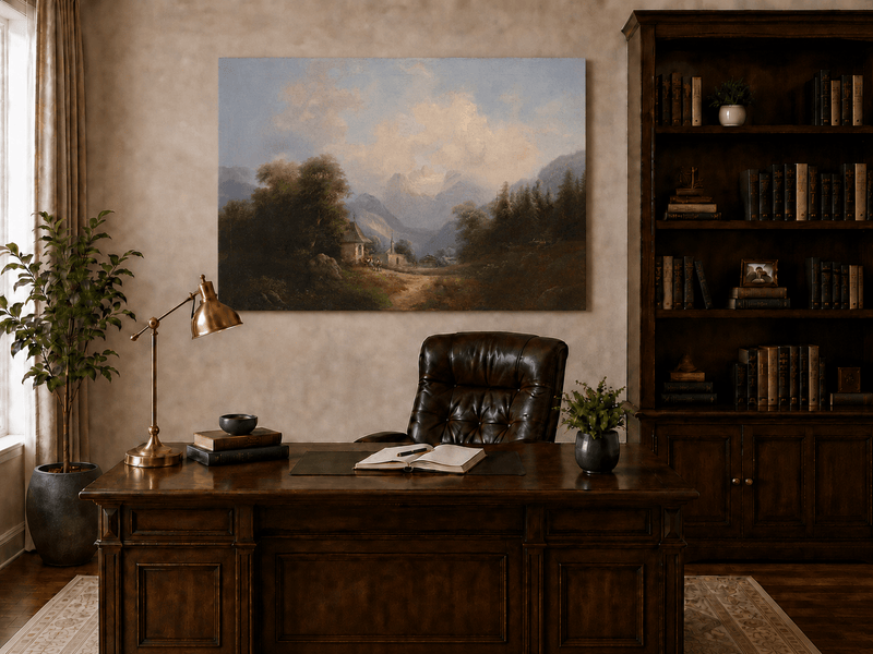 Landscape Oil Painting - Mountain Village Path Chapel & Distant