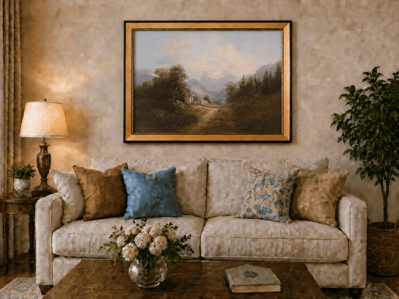 Landscape Oil Painting - Mountain Village Path Chapel & Distant