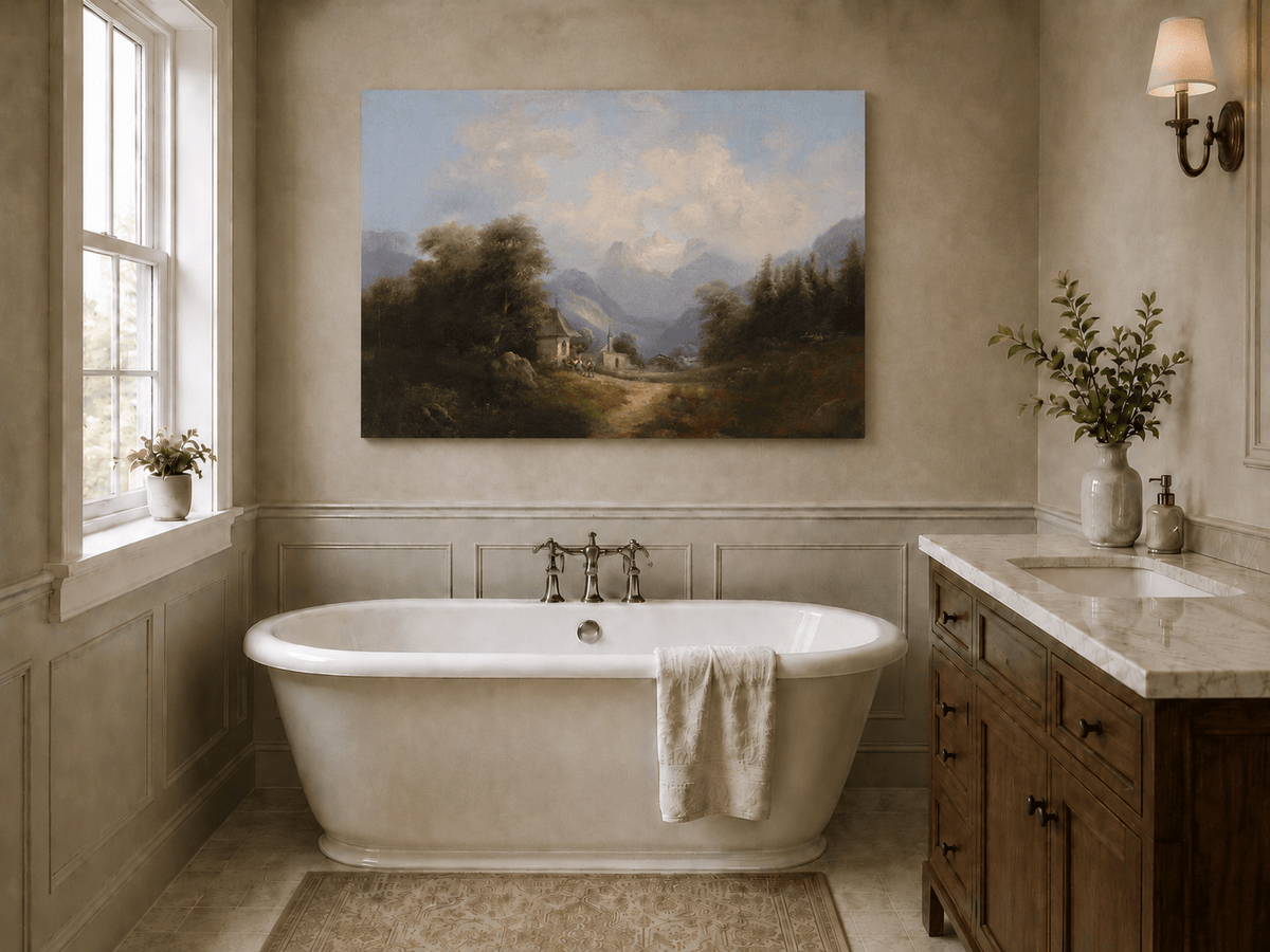 Landscape Oil Painting - Mountain Village Path Chapel & Distant