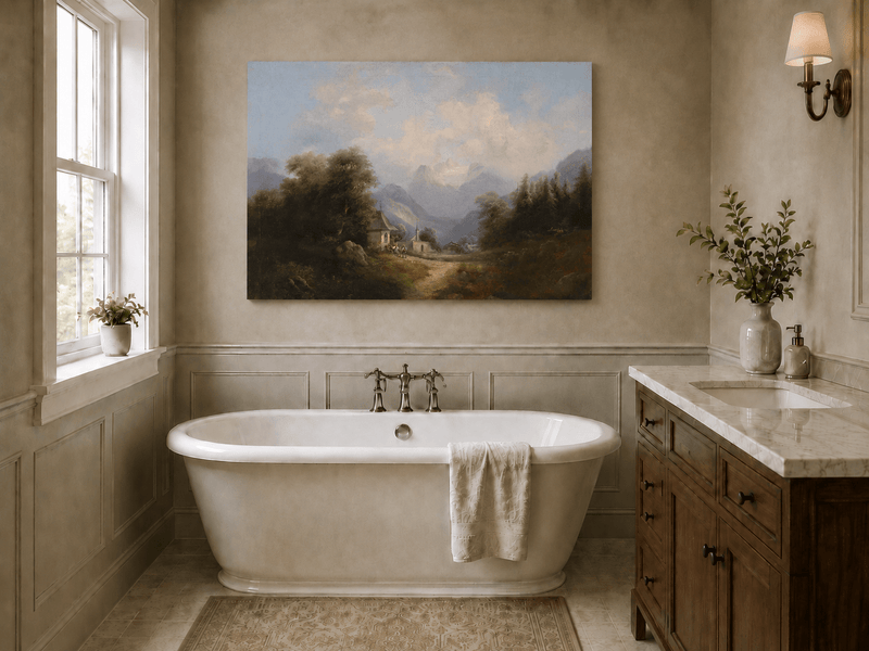 Landscape Oil Painting - Mountain Village Path Chapel & Distant