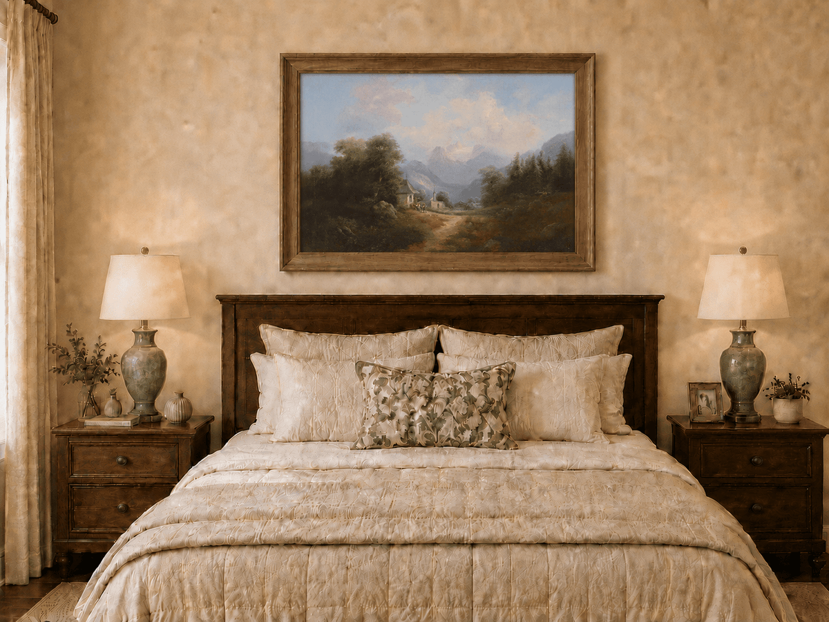 Landscape Oil Painting - Mountain Village Path Chapel & Distant