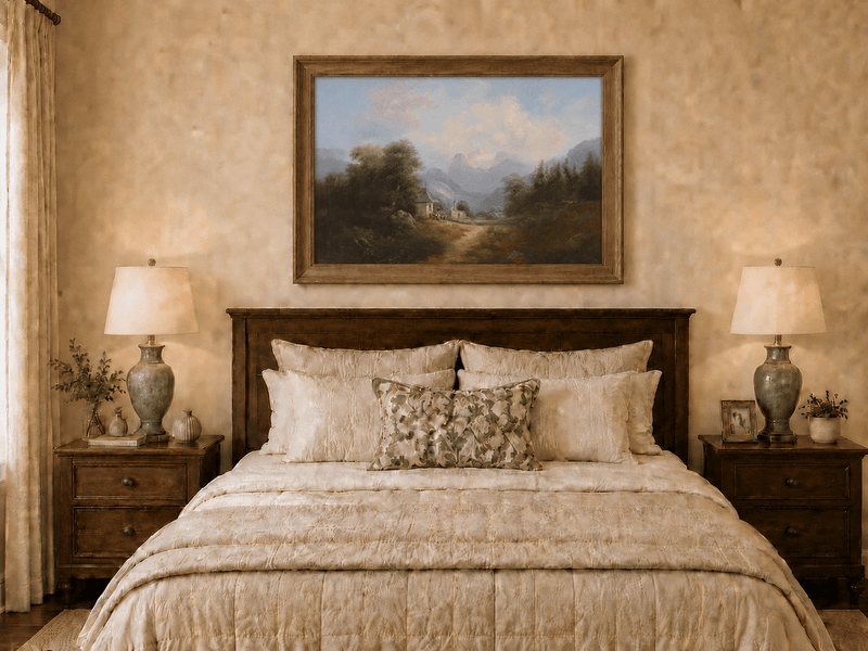 Landscape Oil Painting - Mountain Village Path Chapel & Distant