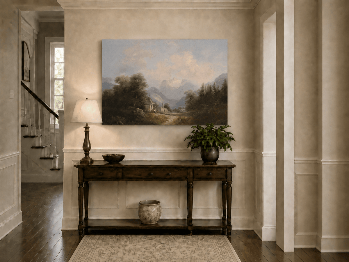 Landscape Oil Painting - Mountain Village Path Chapel & Distant
