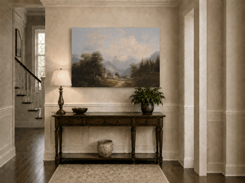 Landscape Oil Painting - Mountain Village Path Chapel & Distant