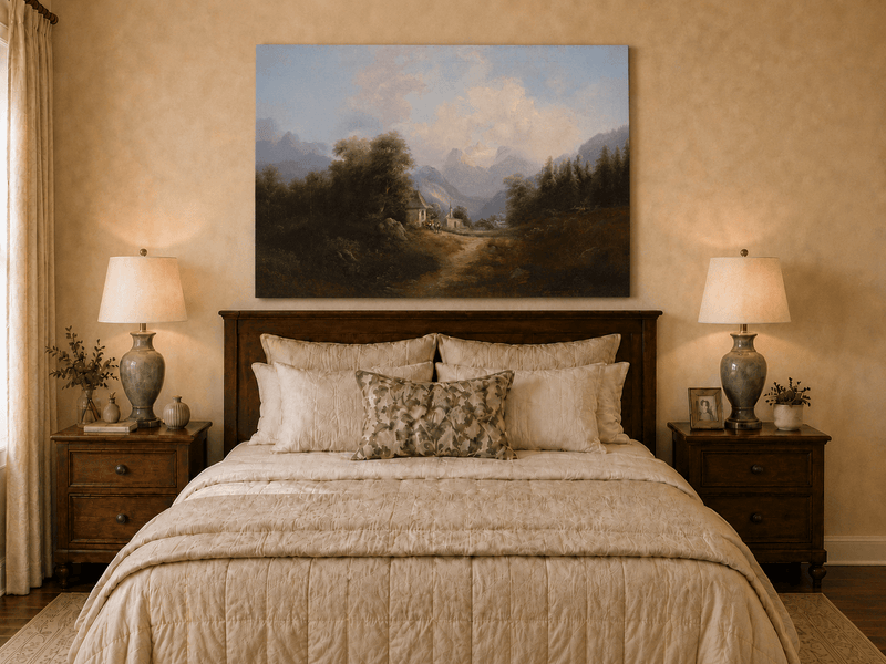 Landscape Oil Painting - Mountain Village Path Chapel & Distant