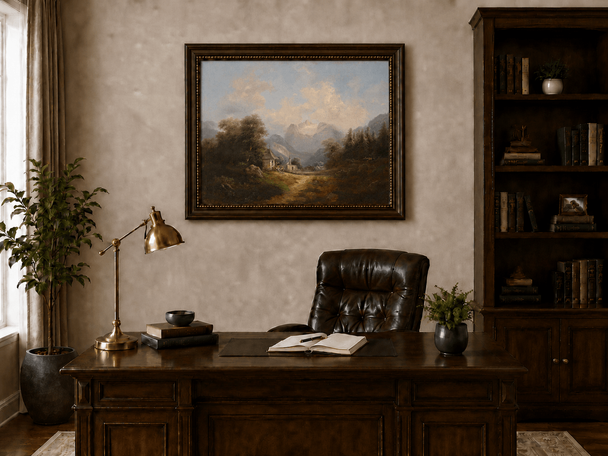 Landscape Oil Painting - Mountain Village Path Chapel & Distant
