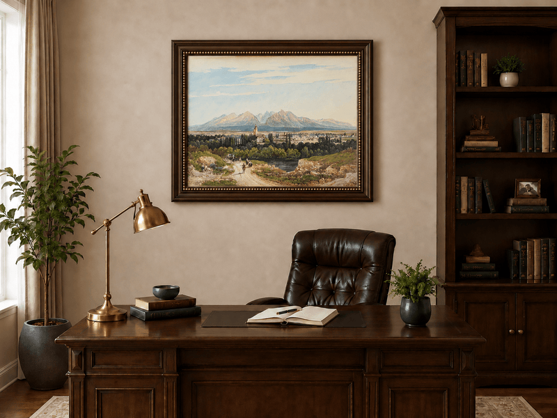 Landscape Oil Painting - Mountain Village Road and Distant Peaks