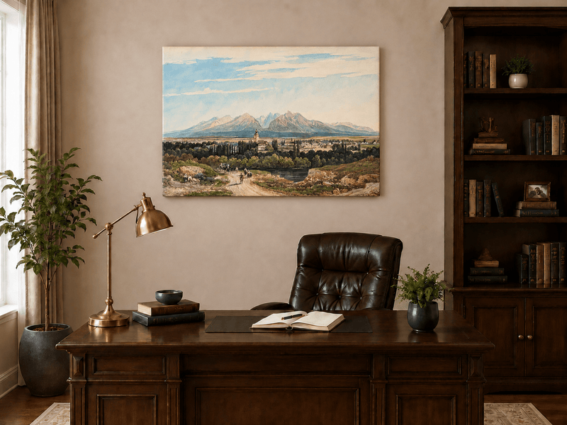 Landscape Oil Painting - Mountain Village Road and Distant Peaks