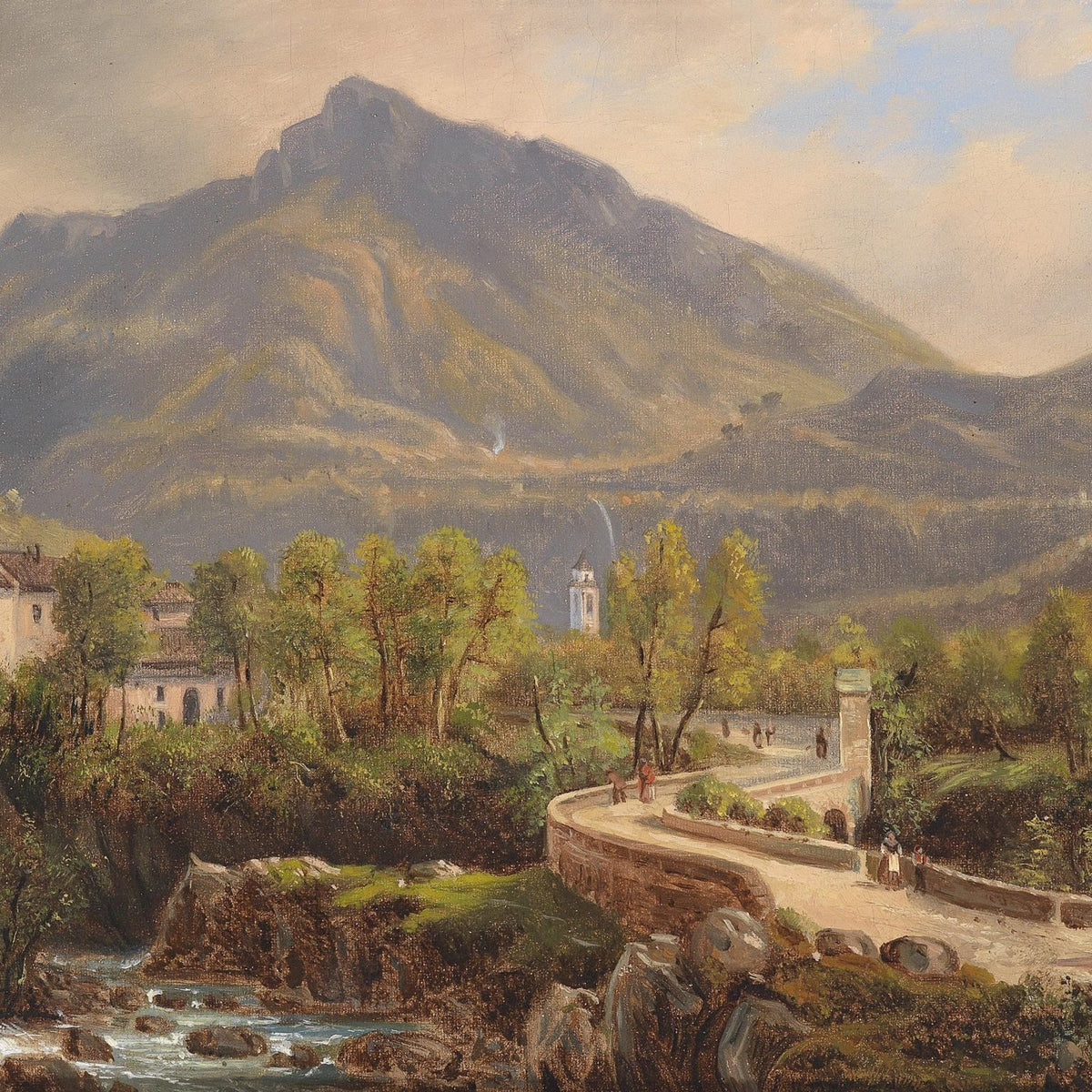 Landscape Oil Painting - Mountain Village, Stone Bridge, Stream & Peaks - Oil Painting Haven