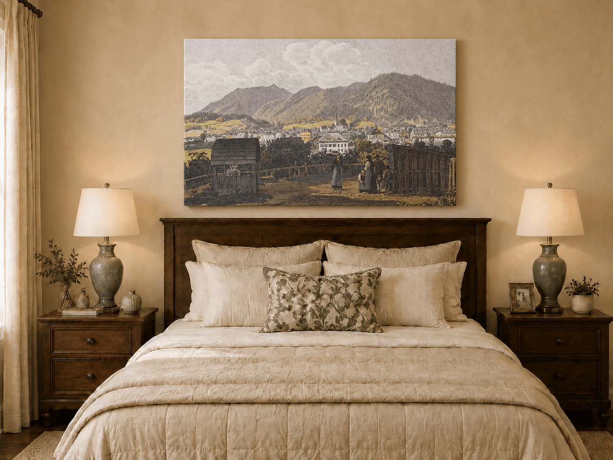 Landscape Oil Painting - Mountain Village View with Figures