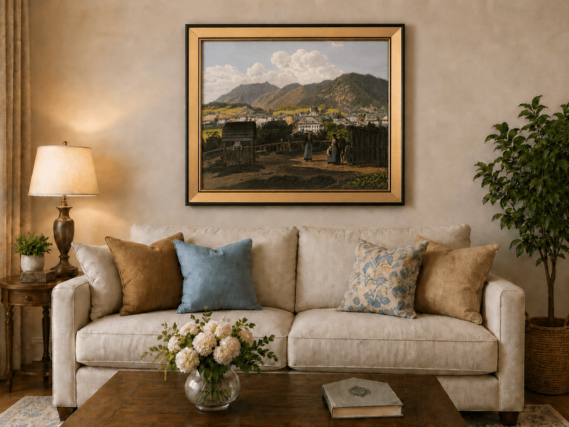Landscape Oil Painting - Mountain Village View with Figures