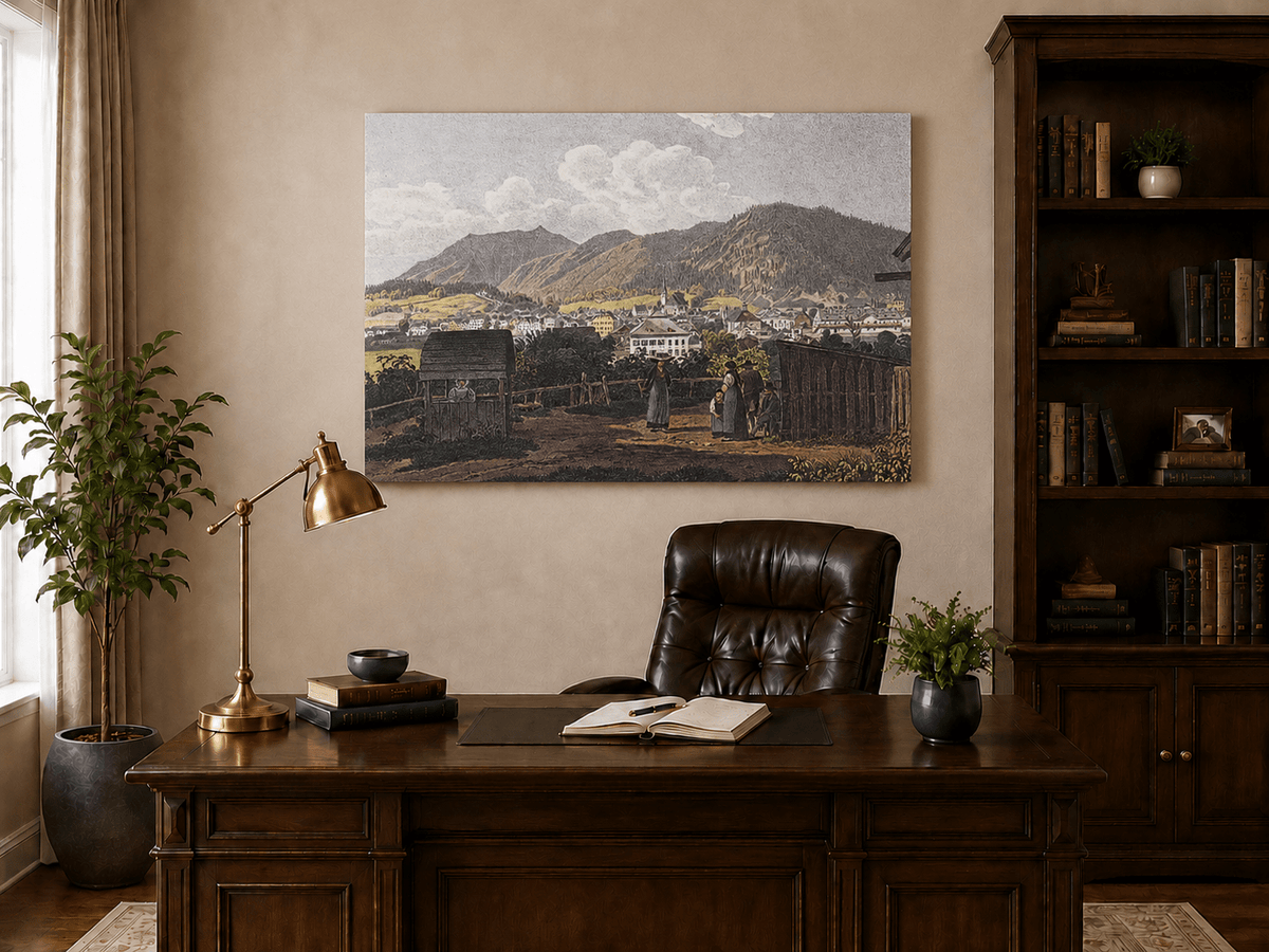 Landscape Oil Painting - Mountain Village View with Figures