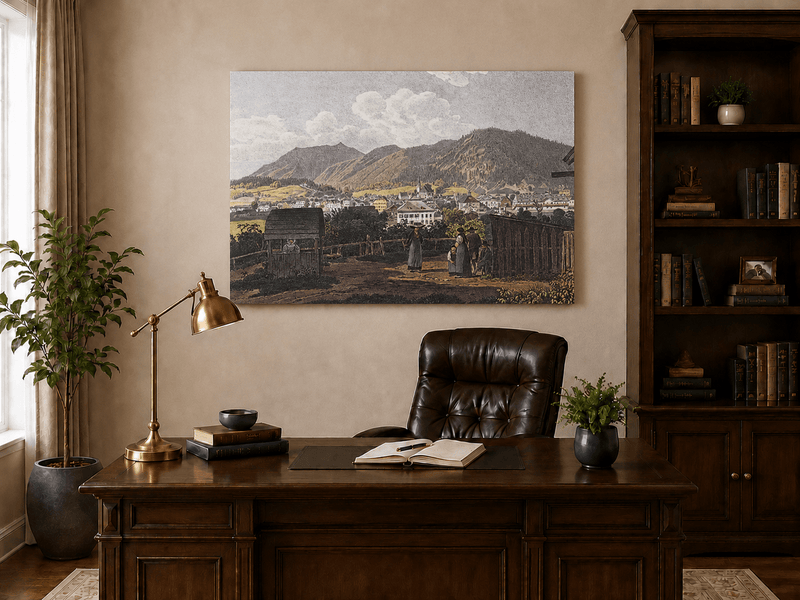 Landscape Oil Painting - Mountain Village View with Figures