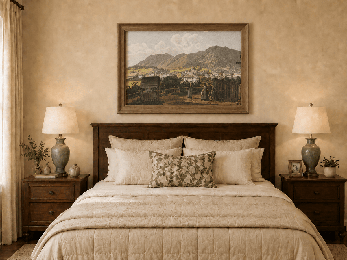 Landscape Oil Painting - Mountain Village View with Figures