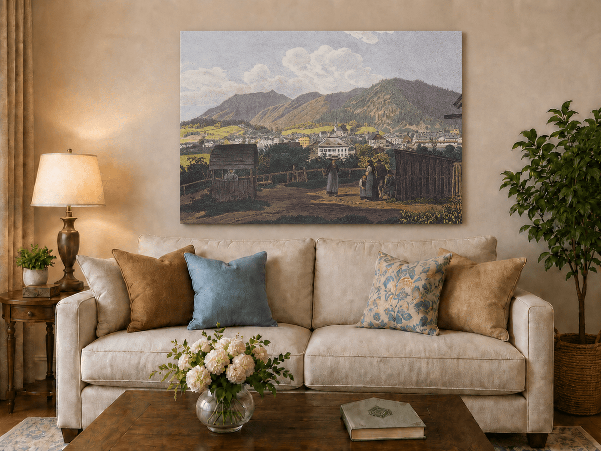 Landscape Oil Painting - Mountain Village View with Figures
