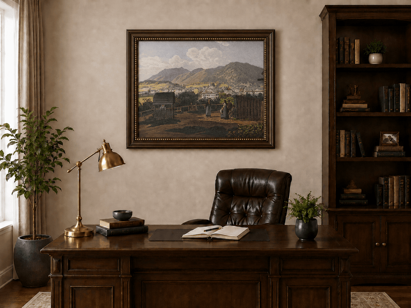 Landscape Oil Painting - Mountain Village View with Figures