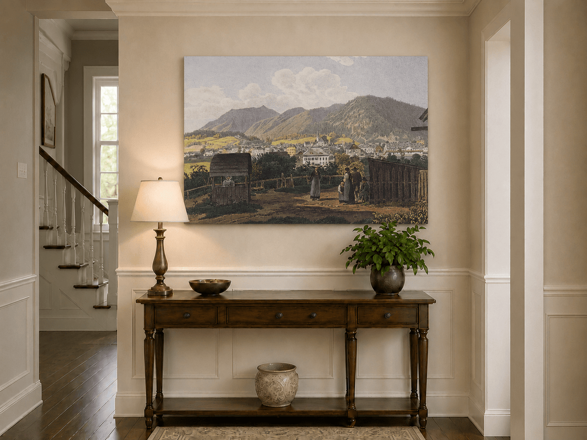 Landscape Oil Painting - Mountain Village View with Figures