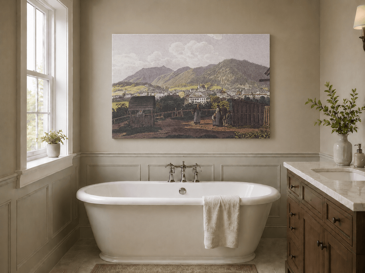 Landscape Oil Painting - Mountain Village View with Figures