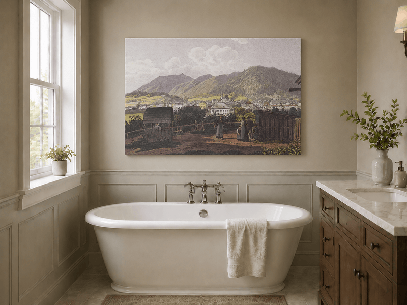 Landscape Oil Painting - Mountain Village View with Figures