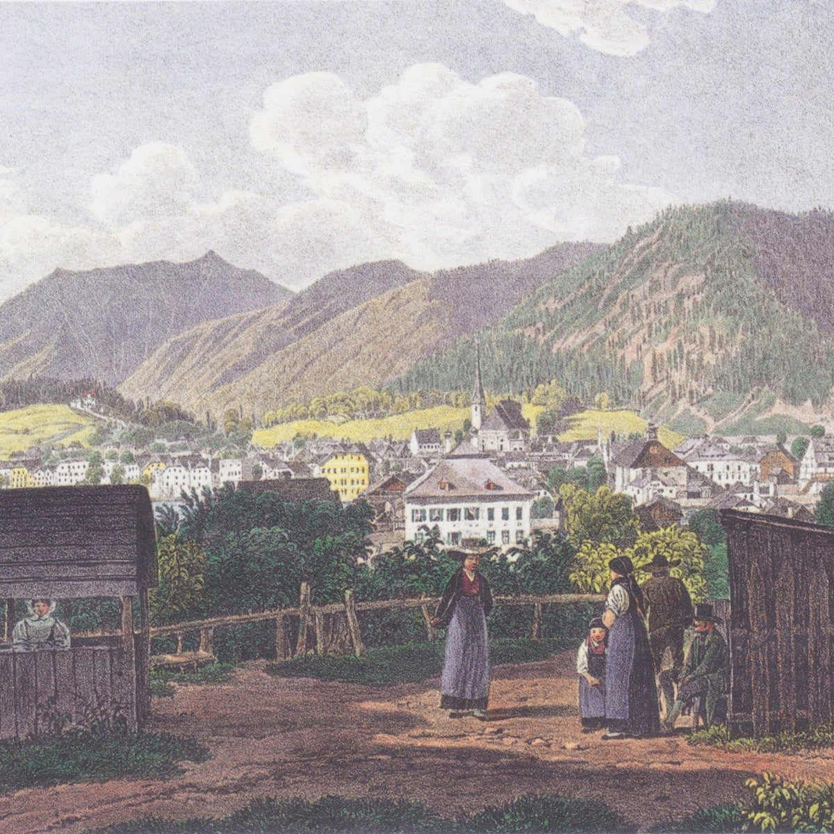 Hand-painted mountain village view with figures landscape oil painting on canvas