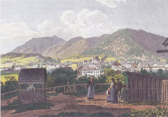Hand-painted mountain village view with figures landscape oil painting on canvas