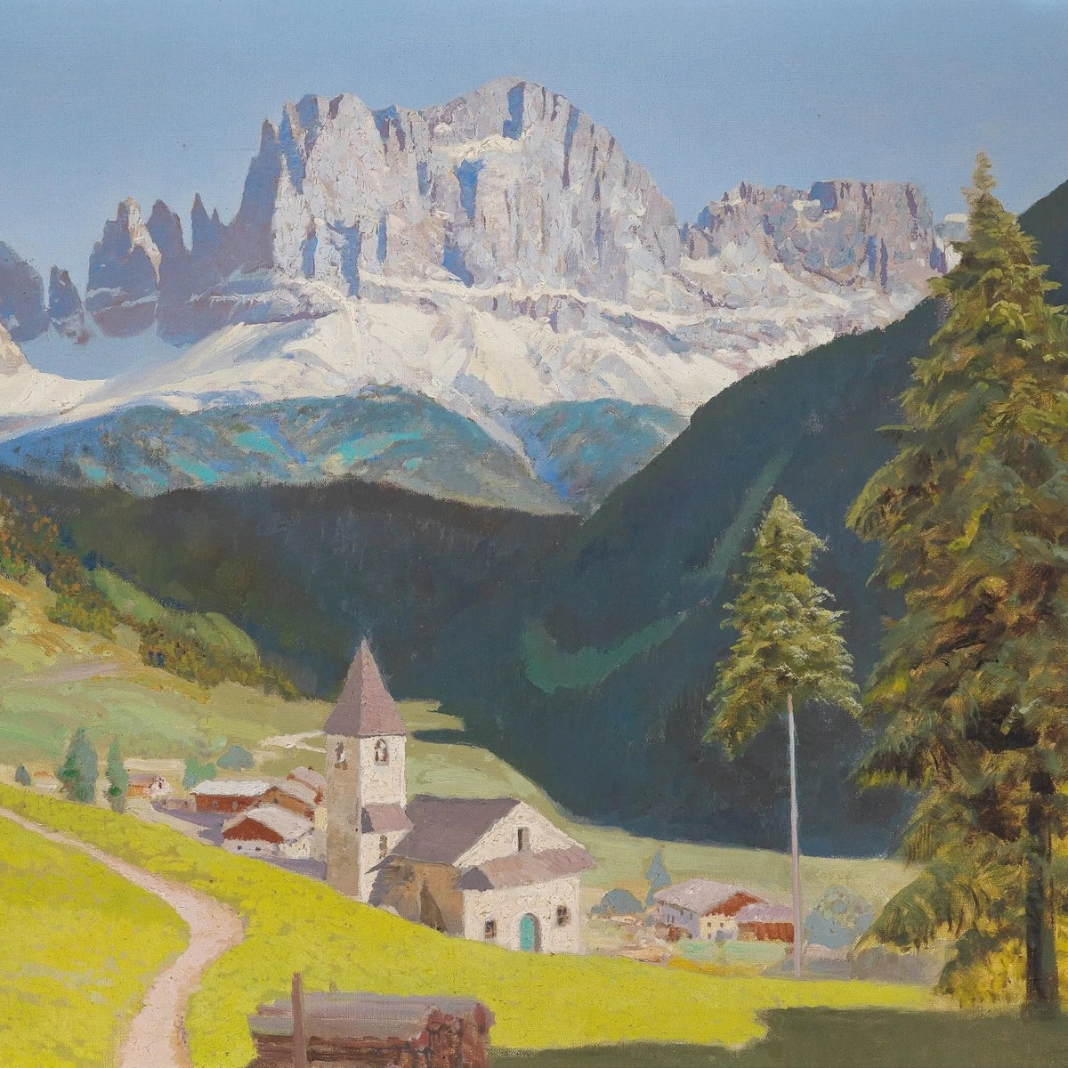 Landscape Oil Painting - Mountain Village with Church & Path - Oil Painting Haven