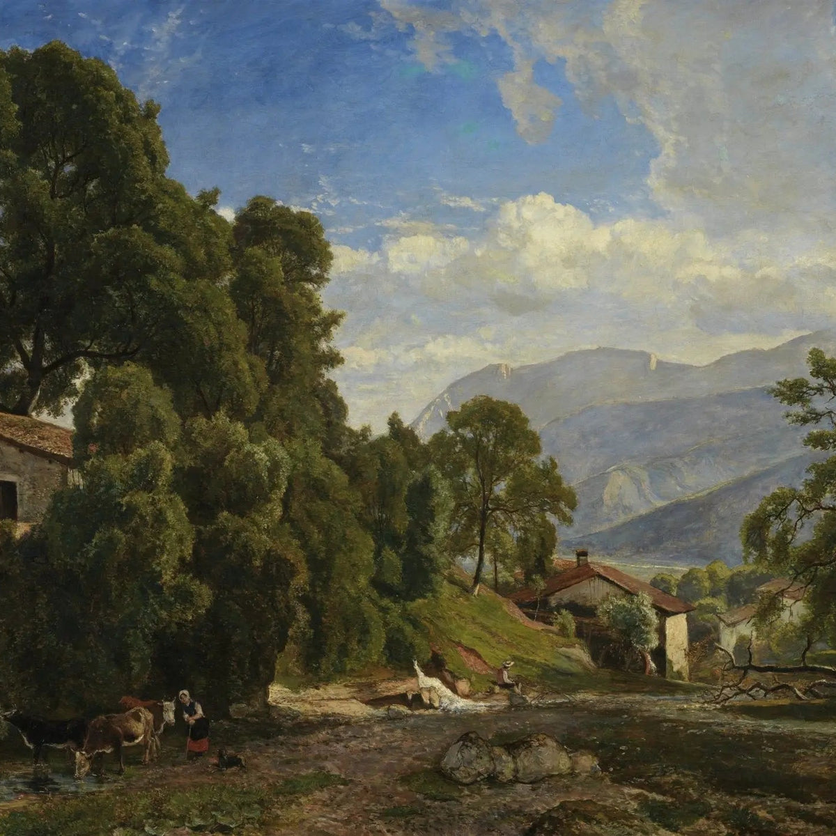 Landscape Oil Painting - Mountain Village with Trees & Cattle - Oil Painting Haven