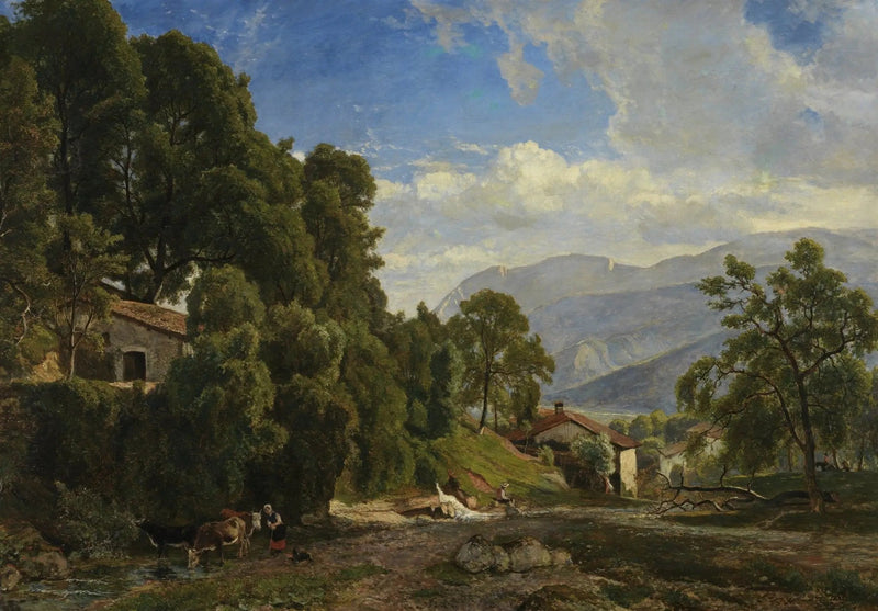 Landscape Oil Painting - Mountain Village with Trees & Cattle - Oil Painting Haven