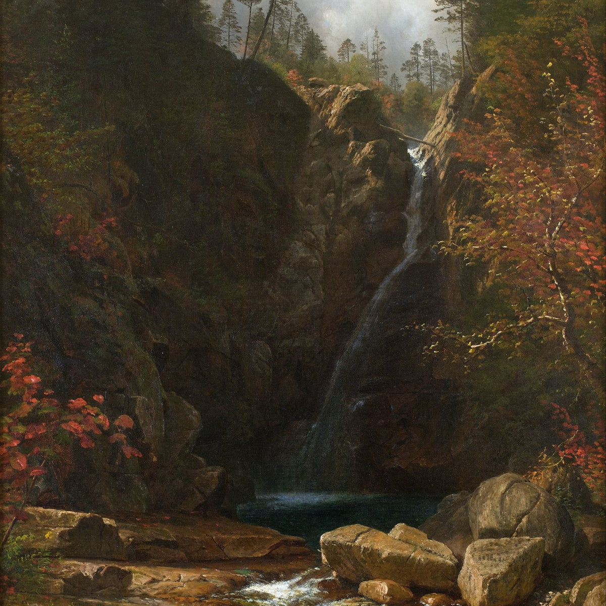 Landscape oil painting of a mountain waterfall flowing through autumn forest, hand painted oil on canvas with textured. - Add Frame, Canvas, Forest, Hand Painted, Landscape, Made To Order, Mountain, Oil Painting, River, Waterfall