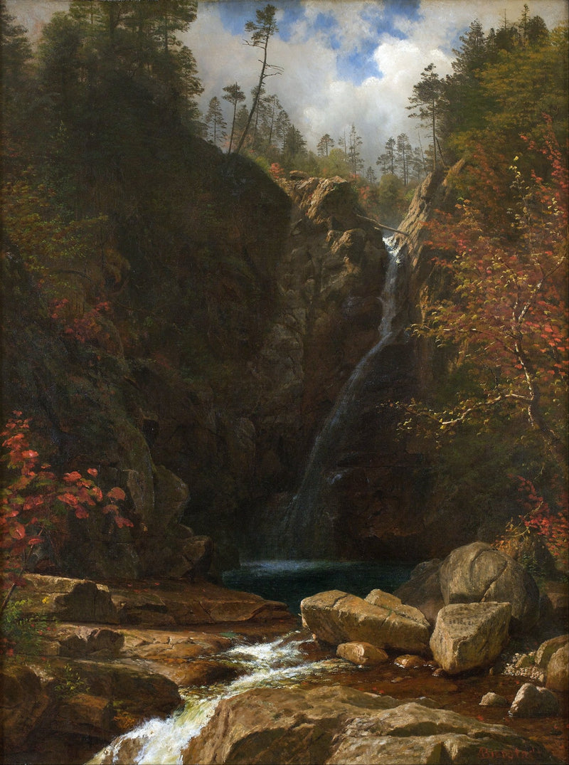 Landscape oil painting of a mountain waterfall flowing through autumn forest, hand painted oil on canvas with textured. - Add Frame, Canvas, Forest, Hand Painted, Landscape, Made To Order, Mountain, Oil Painting, River, Waterfall
