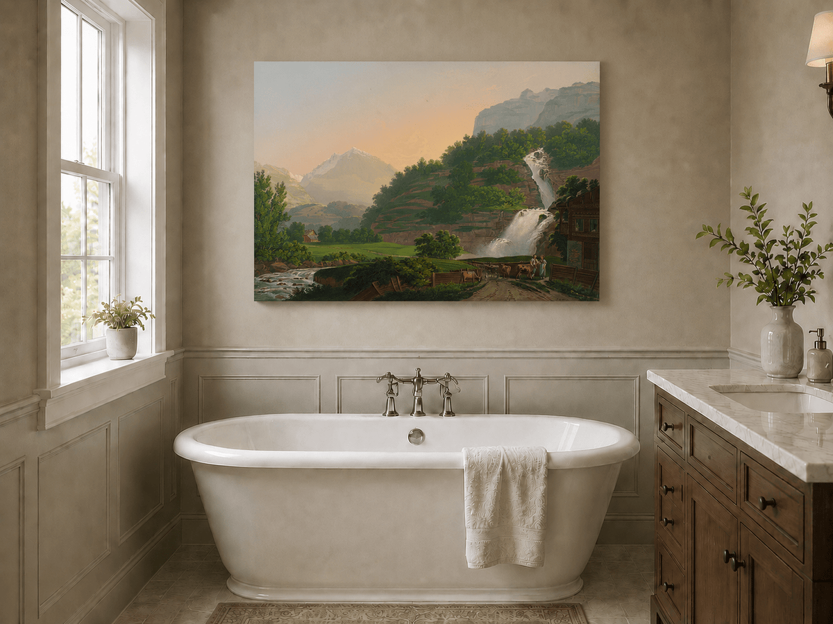 Landscape Oil Painting - Mountain Waterfall and Chalet Scene