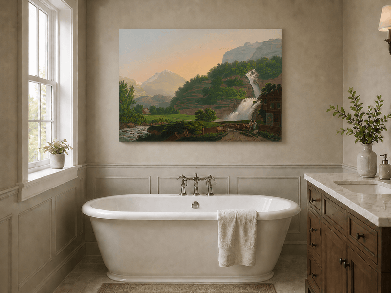 Landscape Oil Painting - Mountain Waterfall and Chalet Scene