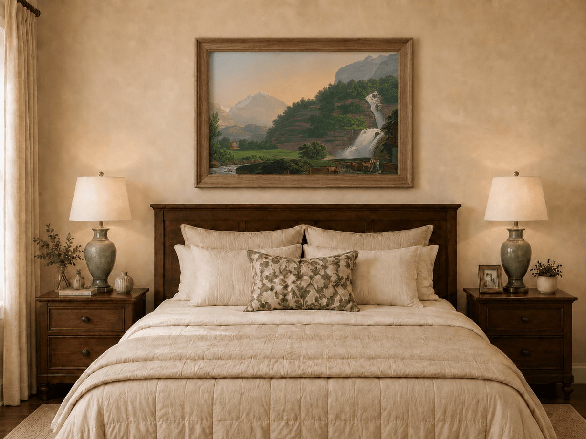 Landscape Oil Painting - Mountain Waterfall and Chalet Scene