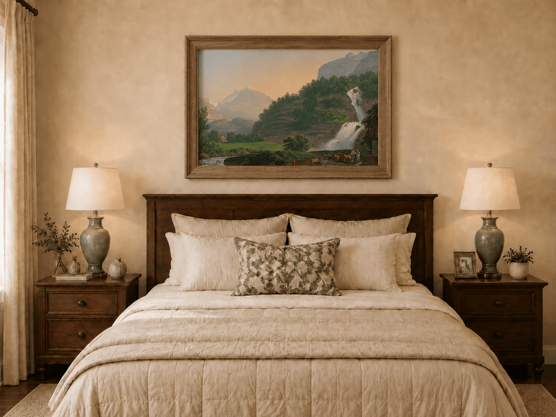 Landscape Oil Painting - Mountain Waterfall and Chalet Scene