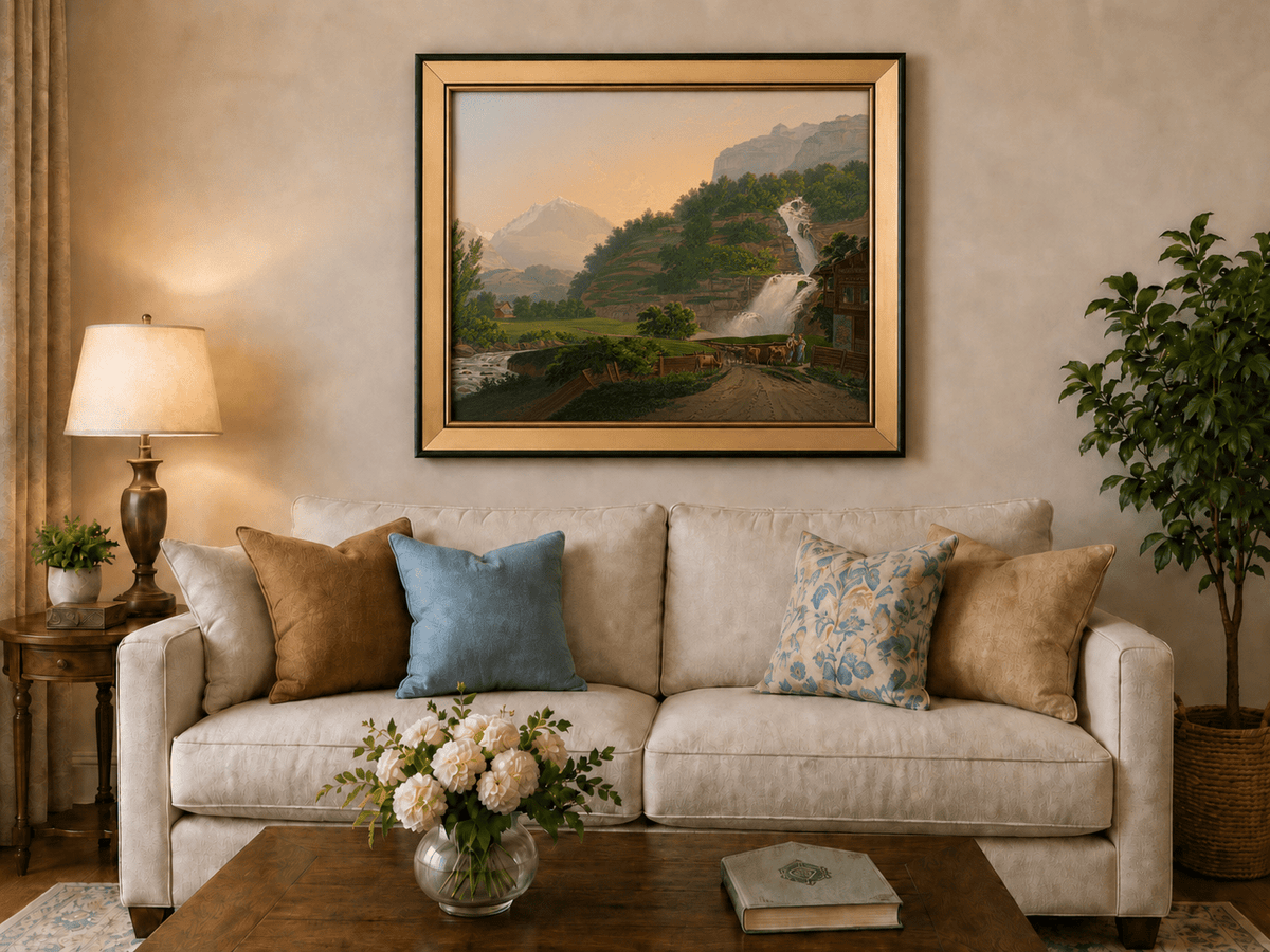 Landscape Oil Painting - Mountain Waterfall and Chalet Scene