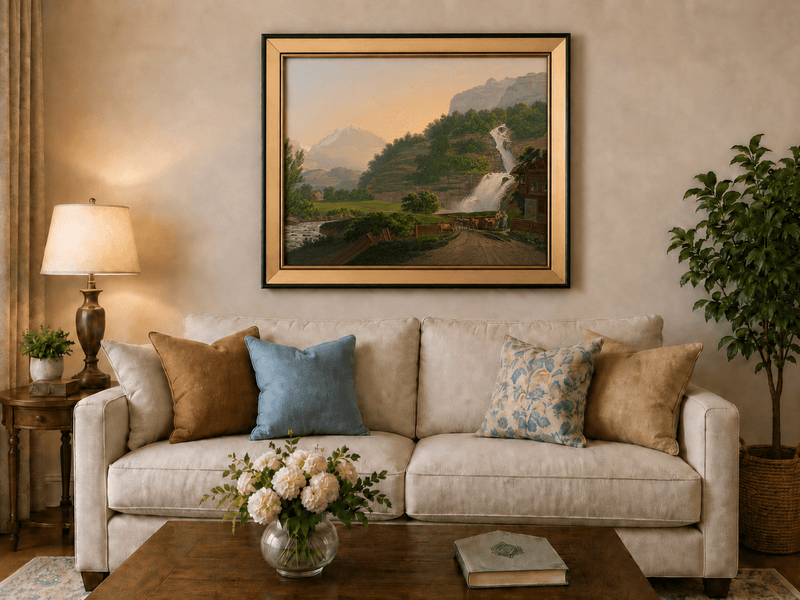 Landscape Oil Painting - Mountain Waterfall and Chalet Scene