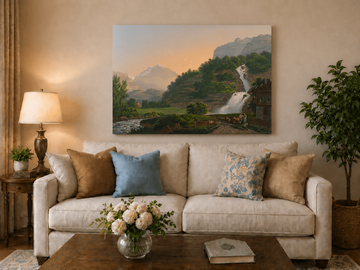 Landscape Oil Painting - Mountain Waterfall and Chalet Scene