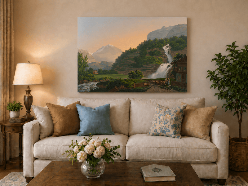 Landscape Oil Painting - Mountain Waterfall and Chalet Scene