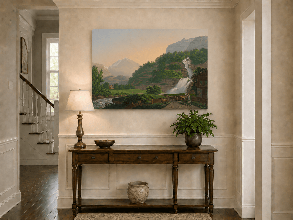 Landscape Oil Painting - Mountain Waterfall and Chalet Scene