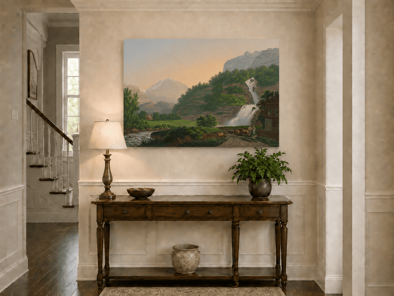Landscape Oil Painting - Mountain Waterfall and Chalet Scene