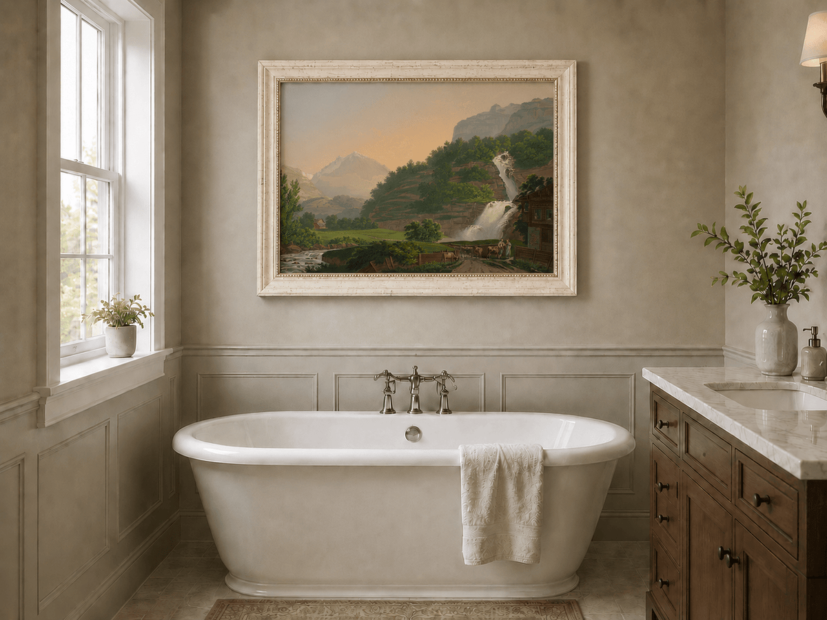 Landscape Oil Painting - Mountain Waterfall and Chalet Scene