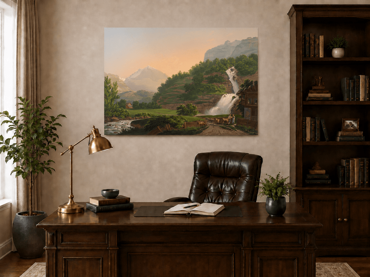Landscape Oil Painting - Mountain Waterfall and Chalet Scene