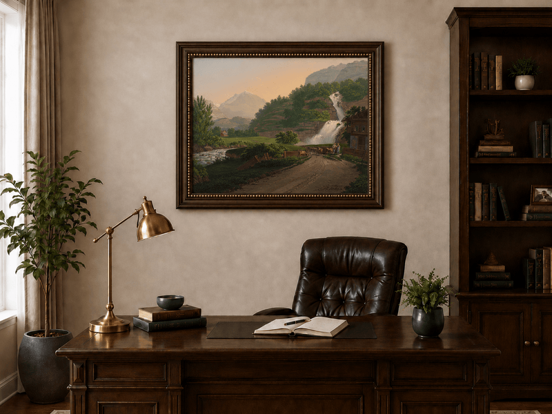 Landscape Oil Painting - Mountain Waterfall and Chalet Scene