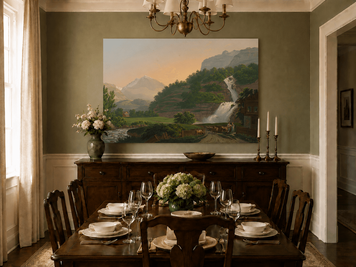 Landscape Oil Painting - Mountain Waterfall and Chalet Scene