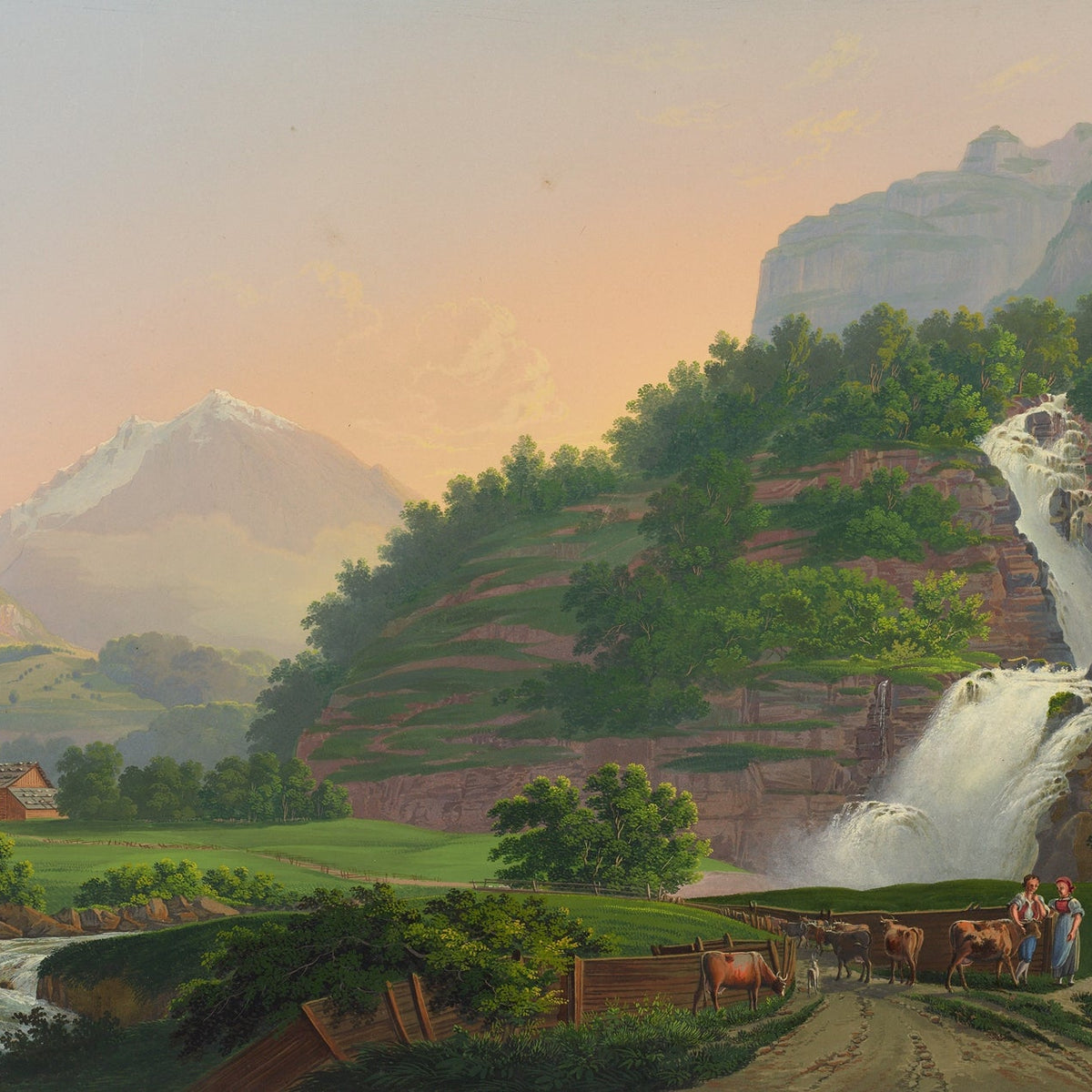 Hand-painted mountain waterfall and chalet scene landscape oil painting on canvas