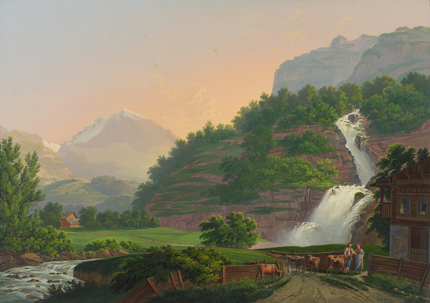 Hand-painted mountain waterfall and chalet scene landscape oil painting on canvas