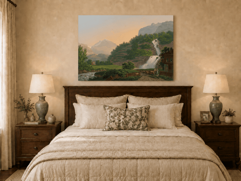 Landscape Oil Painting - Mountain Waterfall and Chalet Scene